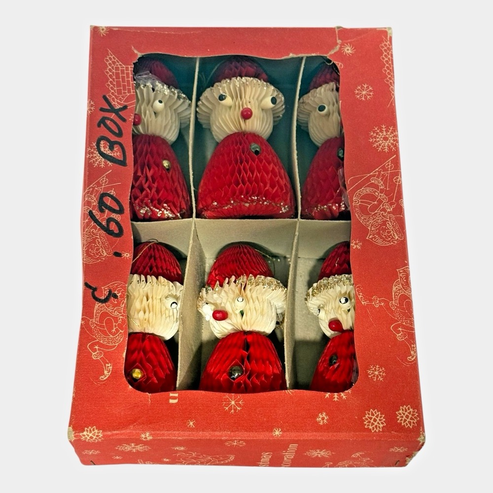 Honeycomb Paper Santa Ornaments Set of 6 Original Box c1950s Christmas Vintage